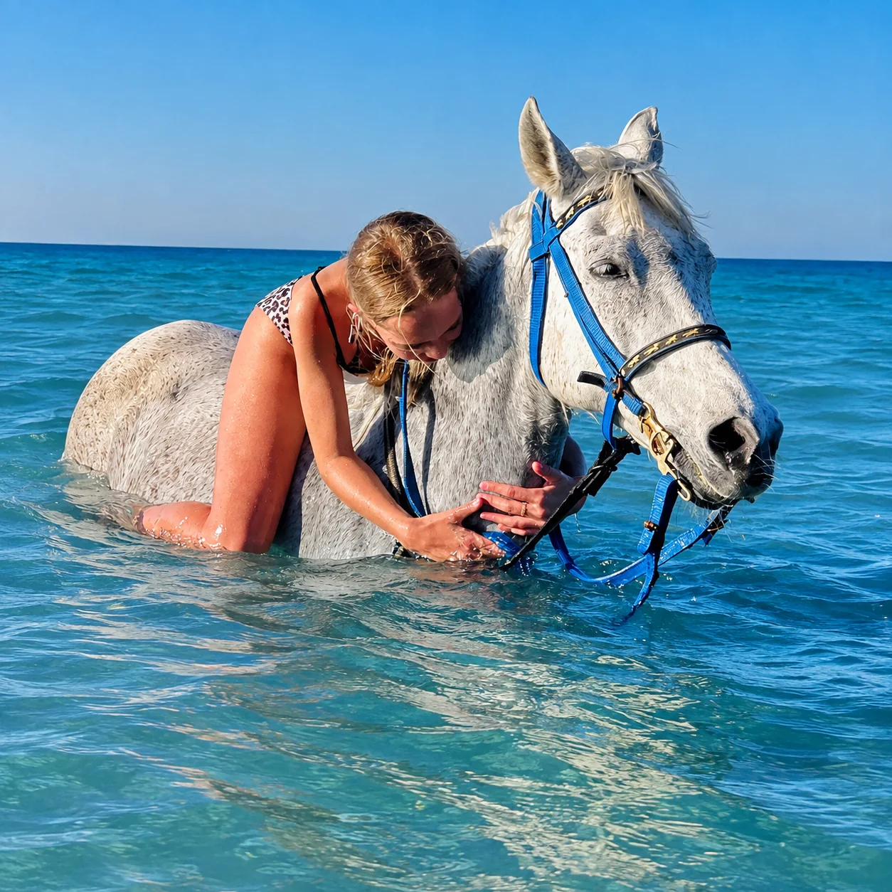 Schwimmen mit einem weißen Pferd im Roten Meer in Hurghada